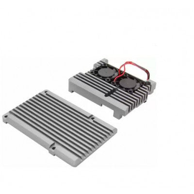 An Grey Aluminum Heat Sink Case with Double Fans for Raspberry Pi 4 Model B