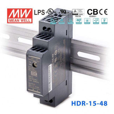 An HDR-15-48 Mean well SMPS - 48V 0.32A 15.4W Din Rail Metal Power Supply