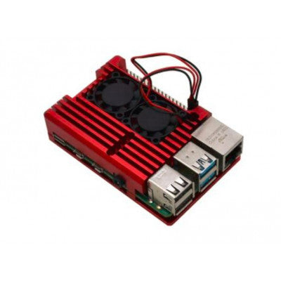 An Red Aluminum Heat Sink Case with Double Fans for Raspberry Pi 4 Model B