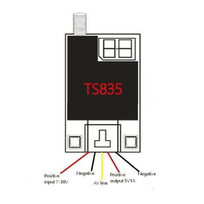 An TS835 FPV 5.8G 600MW 48CH (2-6S) Wireless AV Transmitter
