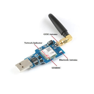 An USB to GSM Serial GPRS SIM800C Module with Bluetooth Computer Control Calling with Glue Stick Antenna