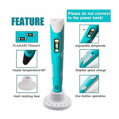 An 2nd Generation 3D Printing Pen with LCD, 1.75mm PLA ABS and Power Adapter - Blue Color