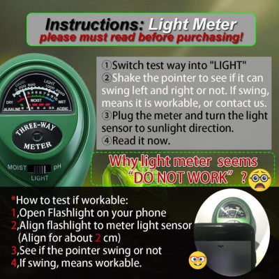 An 3 Way Soil Meter For Moisture, Light Intensity and pH Testing Meter