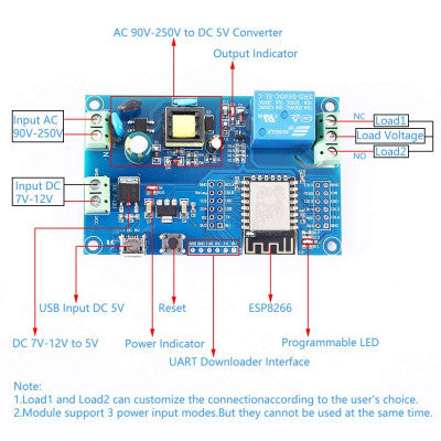 An AC/DC power ESP8266 WIFI single relay ESP-12F Dev board