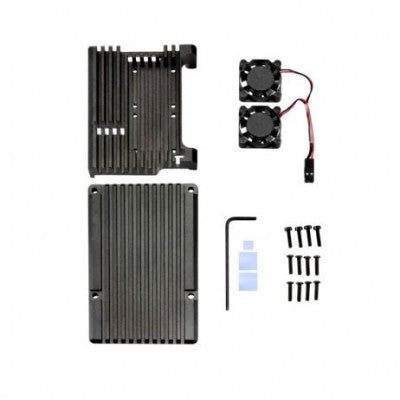 An Black Aluminum Heat Sink Case with Double Fans for Raspberry Pi 4 Model B