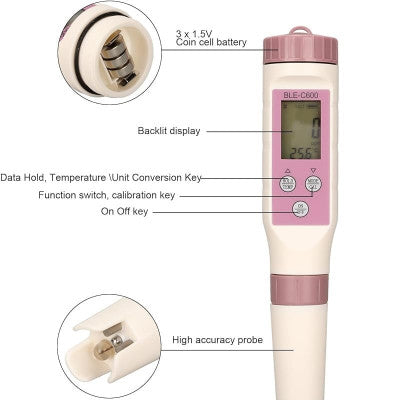 An BLE-C600 Smart Bluetooth 7 In 1 PH TDS EC ORP SALY S.G Temperature PH Meter