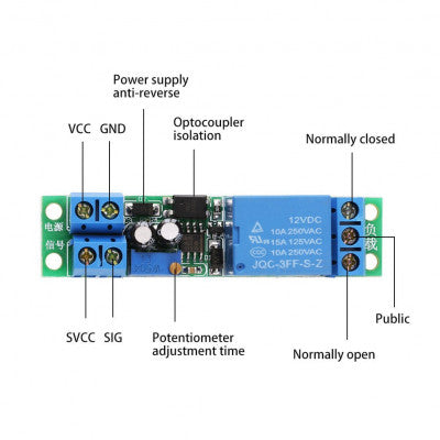 An DC 12V Switch Delay-Relay Module with Adjustable Delay Time 0-25 Second Signal Triggering Switch Module