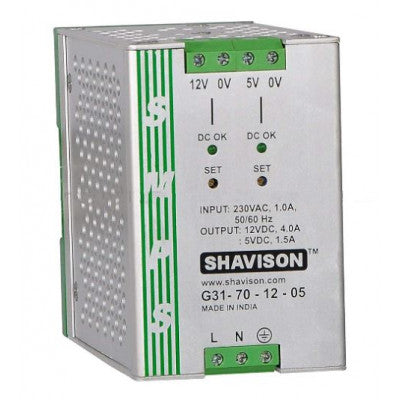 An G31-70-12-05 Shavison SMPS (12V 4A 48W) and (5V 1.5A 7.5W) Dual Output DIN Rail Mountable Metal Power Supply