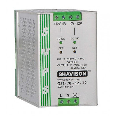 An G31-70-12-12 Shavison SMPS (+12V 4A 48W) and (-12V 1.5A 18W) Dual Output DIN Rail Mountable Metal Power Supply