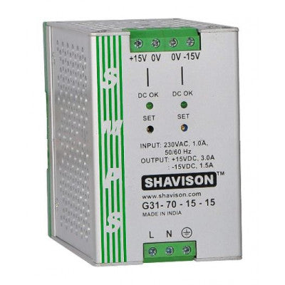 An G31-70-15-15 Shavison SMPS (+15V 3A 45W) and (-15V 1.5A 22.5W) Dual Output DIN Rail Mountable Metal Power Supply