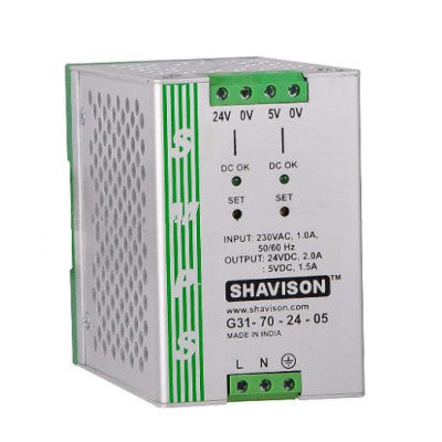 An G31-70-24-05 Shavison SMPS (24V 2A 48W) and (5V 1.5A 7.5W) Dual Output DIN Rail Mountable Metal Power Supply