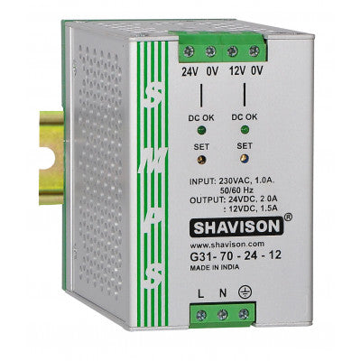 An G31-70-24-12 Shavison SMPS (24V 2A 48W) and (12V 1.5A 18W) Dual Output DIN Rail Mountable Metal Power Supply