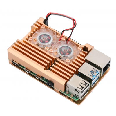 An Gold Aluminum Heat Sink Case with Double Fans for Raspberry Pi 4 Model B