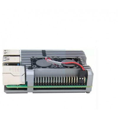 An Grey Aluminum Heat Sink Case with Double Fans for Raspberry Pi 4 Model B