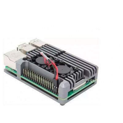 An Grey Aluminum Heat Sink Case with Double Fans for Raspberry Pi 4 Model B