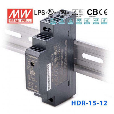 An HDR-15-12 Mean well SMPS - 12V 1.25A 15W Din Rail Metal Power Supply
