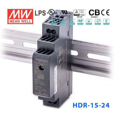 An HDR-15-24 Mean well SMPS - 24V 0.63A 15.2W Din Rail Metal Power Supply