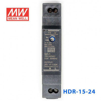 An HDR-15-24 Mean well SMPS - 24V 0.63A 15.2W Din Rail Metal Power Supply