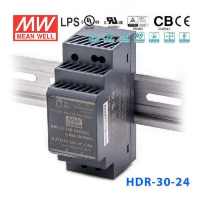 An HDR-30-24 Mean well SMPS - 24V 1.5A 36W Din Rail Metal Power Supply