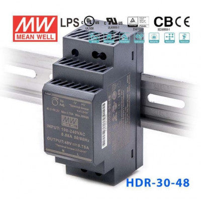 An HDR-30-48 Mean well SMPS - 48V 0.75A 36W Din Rail Metal Power Supply
