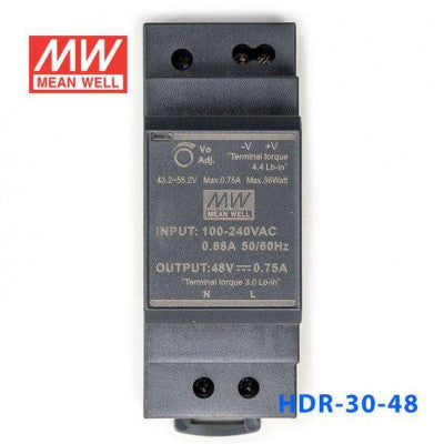 An HDR-30-48 Mean well SMPS - 48V 0.75A 36W Din Rail Metal Power Supply