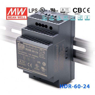 An HDR-60-24 Mean well SMPS - 24V 2.5A 60W Din Rail Metal Power Supply