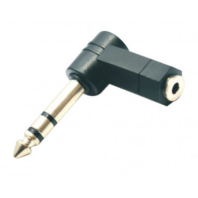 An MX 6.35mm P-38 Stereo Male Plug To 3.5mm EP Stereo Female Socket Connector Right Angle Moulded (MX-3521)