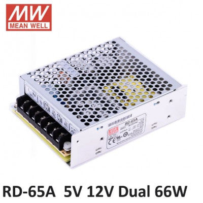 An RD-65A Mean Well SMPS 5V 6A  and 12V 3A - 66W Dual Output Metal Power Supply