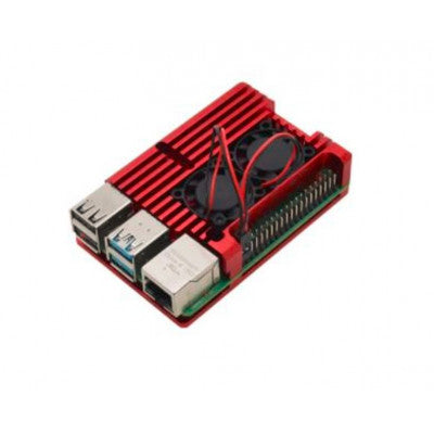 An Red Aluminum Heat Sink Case with Double Fans for Raspberry Pi 4 Model B