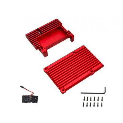 An Red Aluminum Heat Sink Case with Double Fans for Raspberry Pi 4 Model B