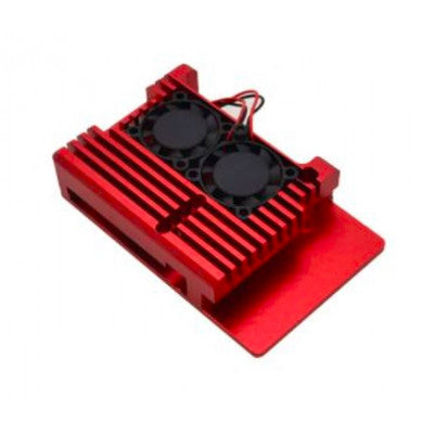 An Red Aluminum Heat Sink Case with Double Fans for Raspberry Pi 4 Model B