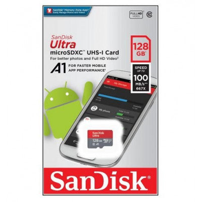 An SanDisk 128GB Micro SD Class 10 Memory Card
