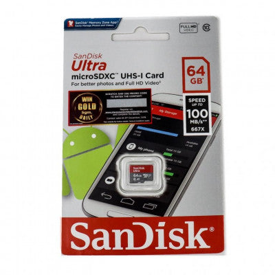 An SanDisk 64GB Micro SD Class 10 Memory Card