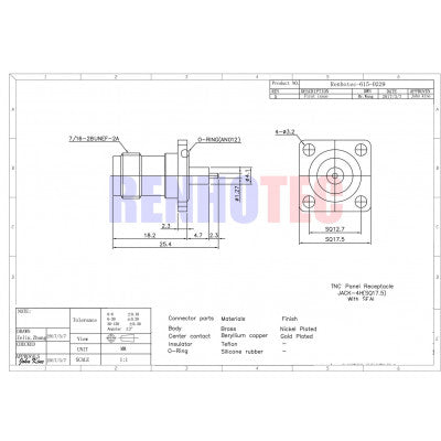An TNC 4Hole Square Flange Straight Female Connector for Panel Mount