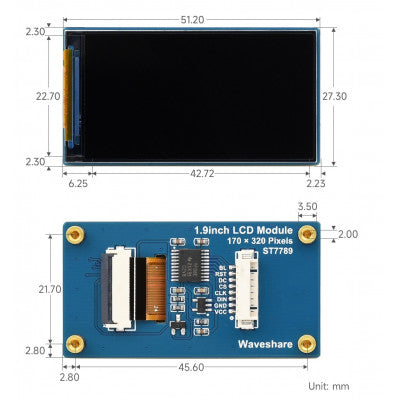 An Waveshare 1.9inch LCD Display Module, SPI Interface, IPS, 262K Colors