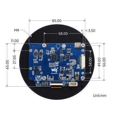 An Waveshare 3.4inch DSI Round Touch Display, 800 800, IPS, 10-Point Touch