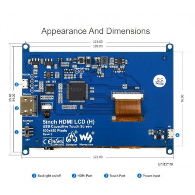An Waveshare 5inch 800×480, HDMI Capacitive Touch Screen LCD (H) Display Slimmed-down Version V4