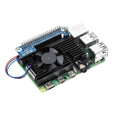 An Waveshare Dedicated All-In-One Aluminum Alloy Cooling Fan For Raspberry Pi 4B, PWM Speed Adjustment, Better Cooling