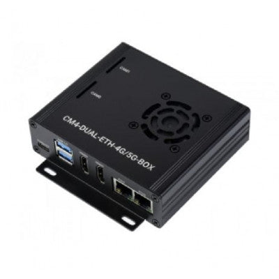 An Waveshare Dual Gigabit Ethernet 5G/4G Mini-Computer Based on Raspberry Pi Compute Module 4 (NOT Included), Metal Case, with Cooling Fan (No Power Adapter)