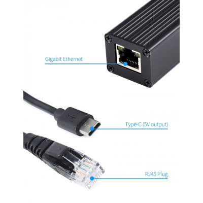 An Waveshare Industrial Gigabit PoE Splitter, Metal Case protection, 5V 2.5A Type-C Out