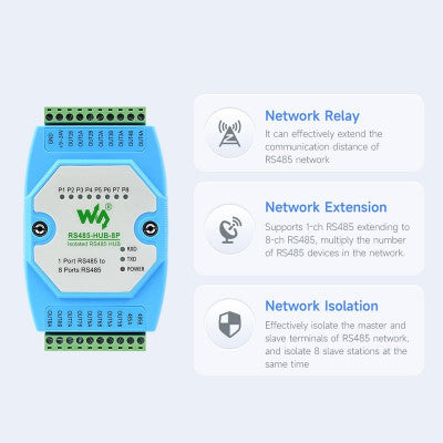 An Waveshare Industrial-grade Isolated 8-ch RS485 Hub, Rail-mount Support, Wide Baud Rate Range