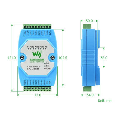 An Waveshare Industrial-grade Isolated 8-ch RS485 Hub, Rail-mount Support, Wide Baud Rate Range