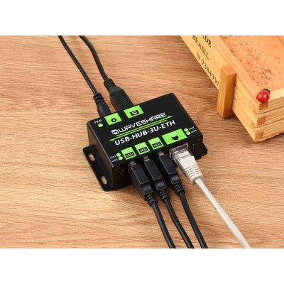 An Waveshare Industrial Grade Multifunctional USB HUB, Extending 3x USB ports + 100M Ethernet Port (Without Power Adapter)
