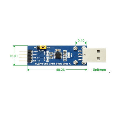 An Waveshare PL2303 USB To UART (TTL) Communication Module V2, USB-A Connector
