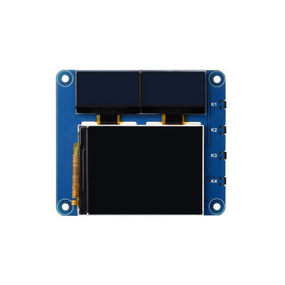 An Waveshare Raspberry Pi OLED/LCD HAT, Onboard 2inch IPS LCD Main Screen and Dual 0.96inch Blue OLED Secondary Screens