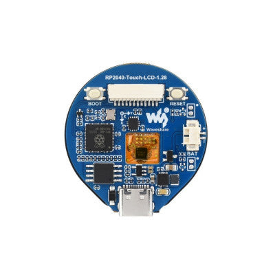 An Waveshare RP2040 Microcontroller Development Board, with 1.28inch Round Touch LCD, Compact size, Accelerometer And Gyroscope Sensor
