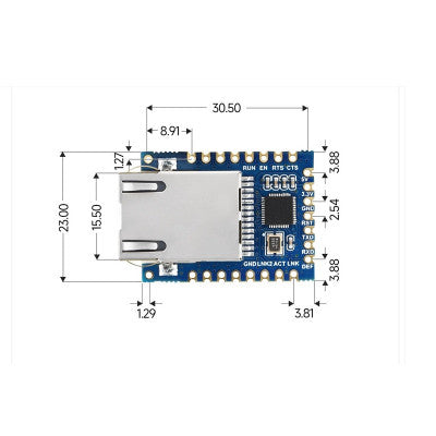 An Waveshare TTL UART to Ethernet Mini Module, Castellated Holes With Immersion Gold Design, Highly Integrated Packaging