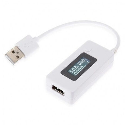 An White USB Tester, Current Detector and Voltmeter with LCD Screen Monitors Mobile Power Capacity